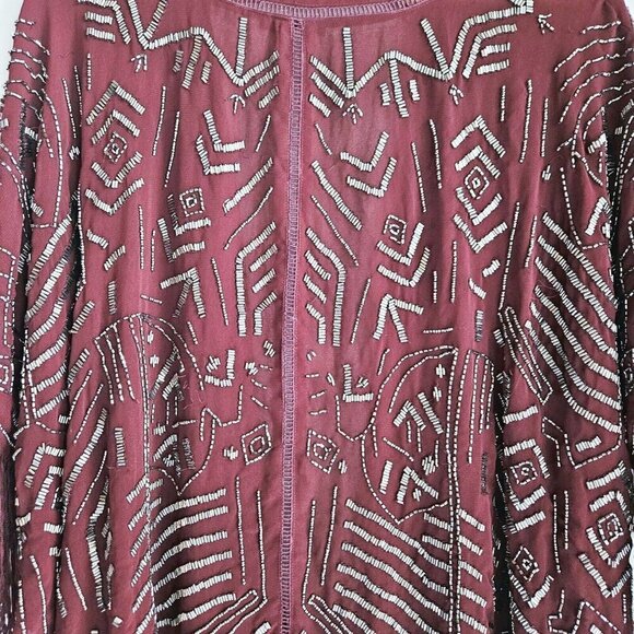 Willow  Clay Burgundy Beaded Fringe Detail Sheer Jacket S - Picture 9 of 12